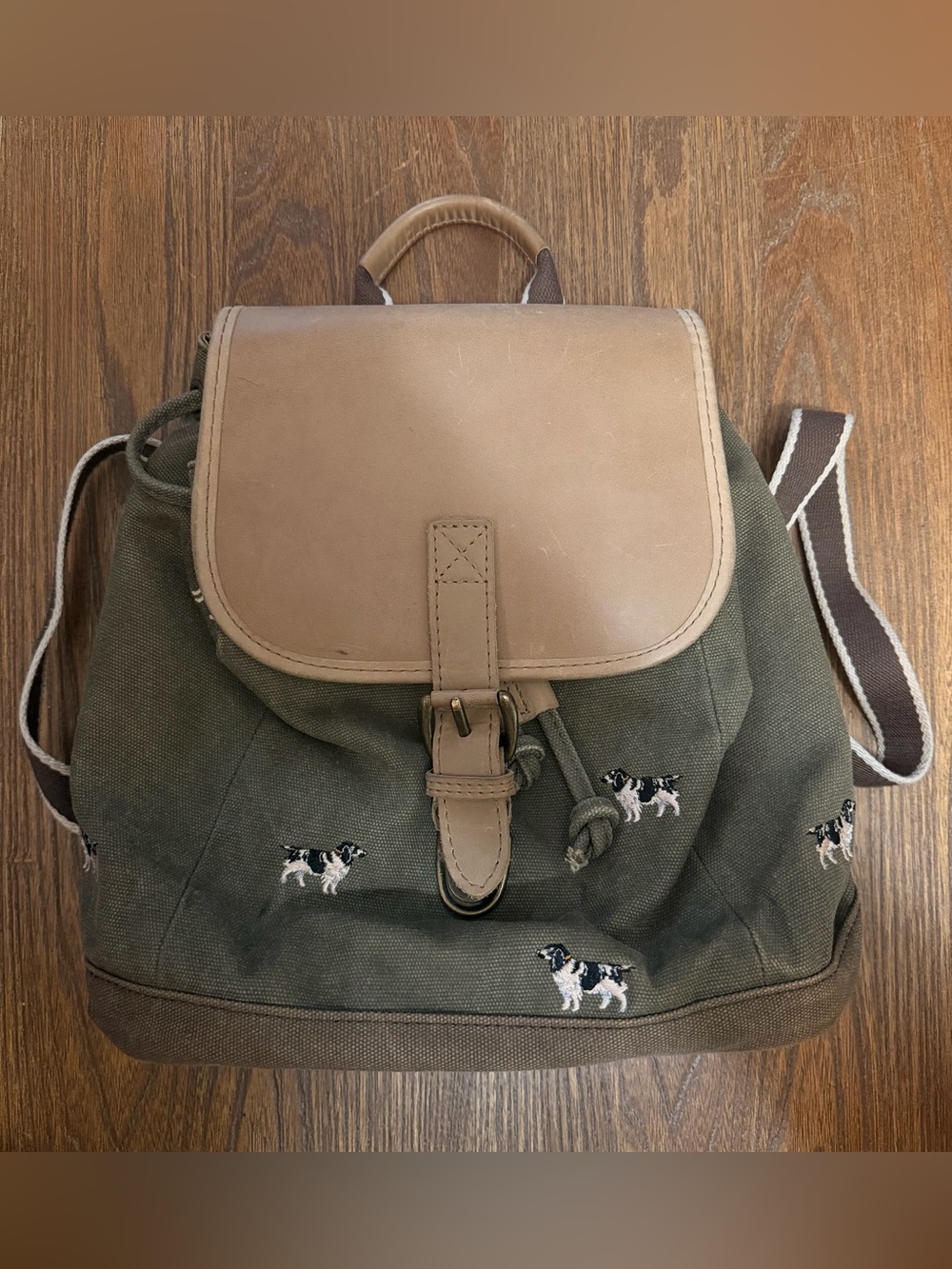 Vtg LL Bean Boat & Tote Bag Backpack Spaniel Dog Embroidered Leather Canvas